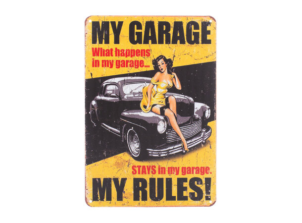 Metallskilt, My garage stays, 20x30 cm Flate skilt i aluminium, runde hjørner 