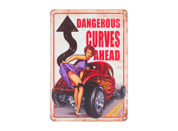 Metallskilt, Dangerous curves, 20x30 cm Flate skilt i aluminium, runde hjørner 