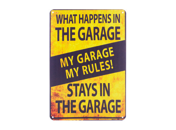 Metallskilt, My Garage rules, 20x30 cm Flate skilt i aluminium, runde hjørner 