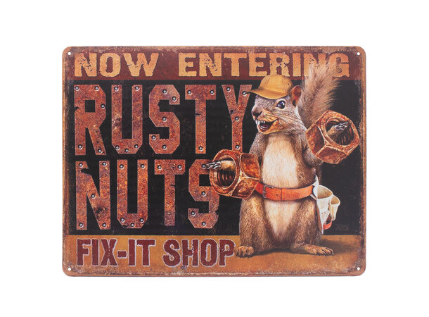 Metallskilt, Rusty nuts, 30x40 cm Flate skilt i aluminium, runde hjørner 