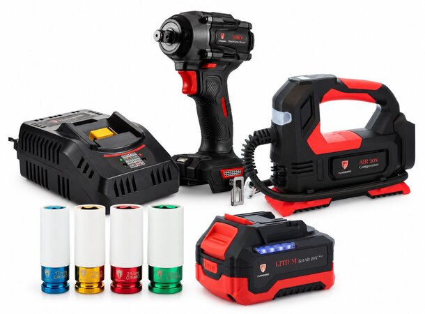 Turisimo Hjulskiftpakke 20V – Muttertrekker, kompressor og batteri